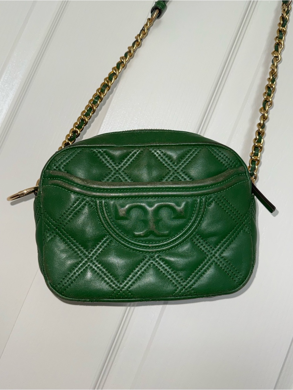 Tory Burch Emerald Quilted Leather Camera Crossbody with Gold Chain